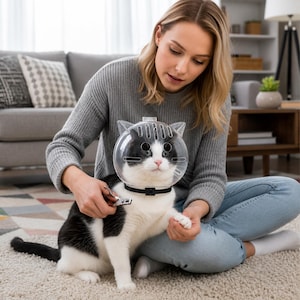 May include: A black and white cat wearing a clear plastic cat helmet with ear-shaped accents. The cat is sitting on a beige carpet while someone trims its nails with clippers. The cat has a black collar.
