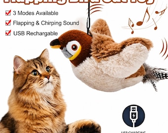 Interaktywna zabawka dla kota w kształcie ptaka, ładowalna, ćwierkająca i trzepocząca pluszowa zabawka