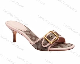 Pink Monogram Buckle Kitten Heels | Chic Summer Slip-On Sandals
