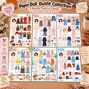 May include: A printable paper doll outfit collection featuring six themed sheets with various clothing items, accessories, and dolls. The bundle includes autumn, home, shopping, spring, summer, and winter themes with text labels like Paper Doll Outfit Collection.