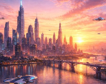 Futuristic City at Sunrise – A Vision of Tomorrow’s Metropolis (Instant Download High Resolution)