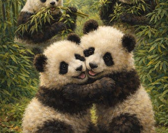 Panda Cubs Hugging in Bamboo Forest – Wildlife Art Print (Instant Download, High Resolution)
