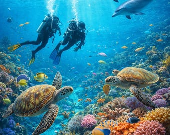 Into the Blue: Divers with Dolphins & Sea Turtles (Instant Download, High Resolution)