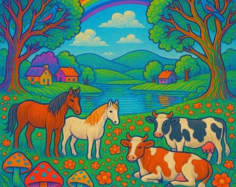 Idyllic Landscape Art with Horses, Cows, Rainbow Sky & Magical Meadow