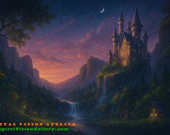Impresión de Castillo Iluminado por la Luna – Arte Fantástico del Bosque Encantado (Descarga Digital)
