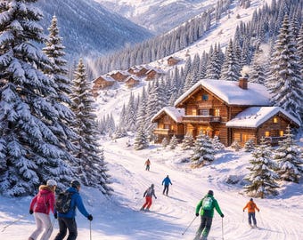Alpine Ski Day in Mountain Village – Winter Scenery Digital Art (Instant Download, High Resolution)