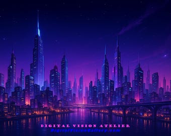 Neon Cyberpunk Cityscape at Dusk – Futuristic Metropolis Digital Art (Instant Download, High Resolution)