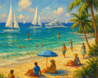 Tropical Beach Art Print – Sailboats & Palm Trees (Digital Download)