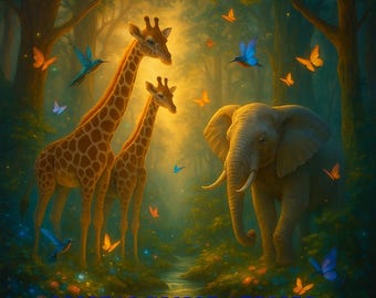 Whispers of the Enchanted Forest – Fairytale Wildlife Wall Art with Giraffes and Elephant for Children