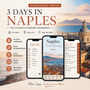 Puede incluir: Plantilla digital de itinerario de viaje para Nápoles, Italia, con tres teléfonos inteligentes que muestran una guía de viaje. El diseño incluye el texto "3 días en Nápoles" e iconos de lugares emblemáticos, comida y experiencias. El fondo muestra una vista panorámica de Nápoles.