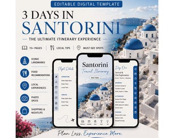 Guide de voyage de Santorin PDF | Itinéraire de 3 jours sur les îles grecques | Planificateur de voyage Canva modifiable | Escapade citadine en Grèce