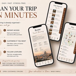 May include: Three smartphones displaying a travel itinerary for Rome. The screens show a daily schedule, a map with location pins, and itinerary details. Text includes "Plan Your Trip in Minutes" and "Your adventure in Rome MADE SIMPLE."