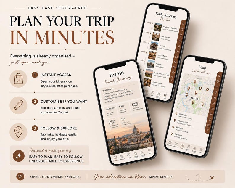 May include: Three smartphones displaying a travel itinerary for Rome. The screens show a daily schedule, a map with location pins, and itinerary details. Text includes "Plan Your Trip in Minutes" and "Your adventure in Rome MADE SIMPLE."
