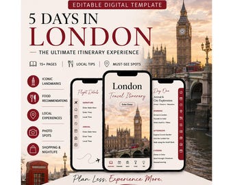 London Travel Guide PDF | 5 Day London Itinerary | UK City Break Planner | Editable Canva Travel Guide