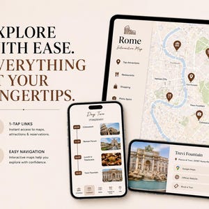 May include: A digital travel guide displayed on a tablet and two smartphones. The tablet shows a map of Rome with points of interest. The phones display itinerary details and information about the Trevi Fountain. Text includes "Explore with Ease" and "Everything at your Fingertips."