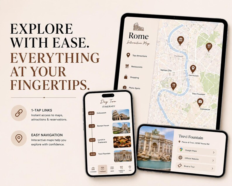 May include: A digital travel guide displayed on a tablet and two smartphones. The tablet shows a map of Rome with points of interest. The phones display itinerary details and information about the Trevi Fountain. Text includes "Explore with Ease" and "Everything at your Fingertips."