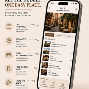 May include: A smartphone displays a travel app interface with a day itinerary, interactive maps, and local tips. The screen shows a street scene and highlights for the day. Text includes "ALL THE DETAILS. ONE EASY PLACE."