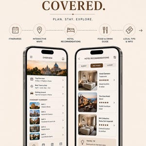 May include: Two smartphones displaying a travel app interface. The app offers itineraries, interactive maps, hotel recommendations, food & drink guides, and local tips. The text reads "EVERY PART OF YOUR TRIP, COVERED."
