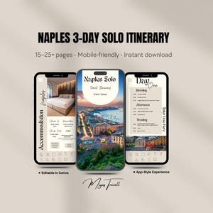 Puede incluir: Tres smartphones que muestran un itinerario de viaje a Nápoles. Las pantallas muestran detalles de alojamiento, una vista de la ciudad y un horario diario. El texto incluye "Naples 3-Day Solo Itinerary", "Mobile-friendly" y "Instant download."