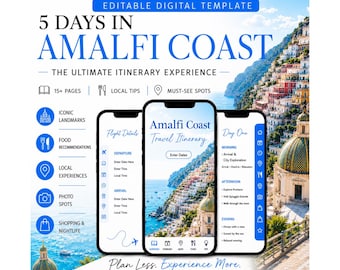 Amalfiküste Reiseführer PDF | 5-Tage-Amalfiküste-Reisereise | Italien Küsten entkommen | Bearbeitbarer Reiseplaner