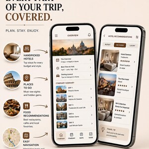 May include: Two smartphones displaying a travel app interface. The app offers hotel recommendations, itinerary summaries, and navigation features. Text on the screen reads "Every part of your trip, covered."