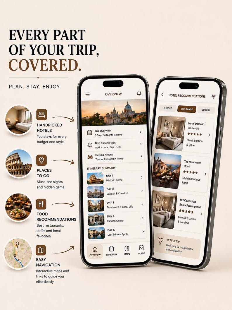 May include: Two smartphones displaying a travel app interface. The app offers hotel recommendations, itinerary summaries, and navigation features. Text on the screen reads "Every part of your trip, covered."