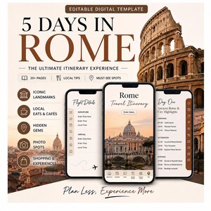 Può includere: Modello digitale di itinerario di viaggio per Roma, con il testo "5 giorni a Roma". Tre smartphone mostrano i dettagli dell'itinerario. Il design include icone per monumenti, ristoranti locali, gemme nascoste ed esperienze.