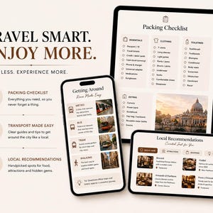 May include: A digital travel guide displayed on a tablet and two smartphones. The screens show a packing checklist, city transport information, and local recommendations. The text reads "Travel Smart. Enjoy More."