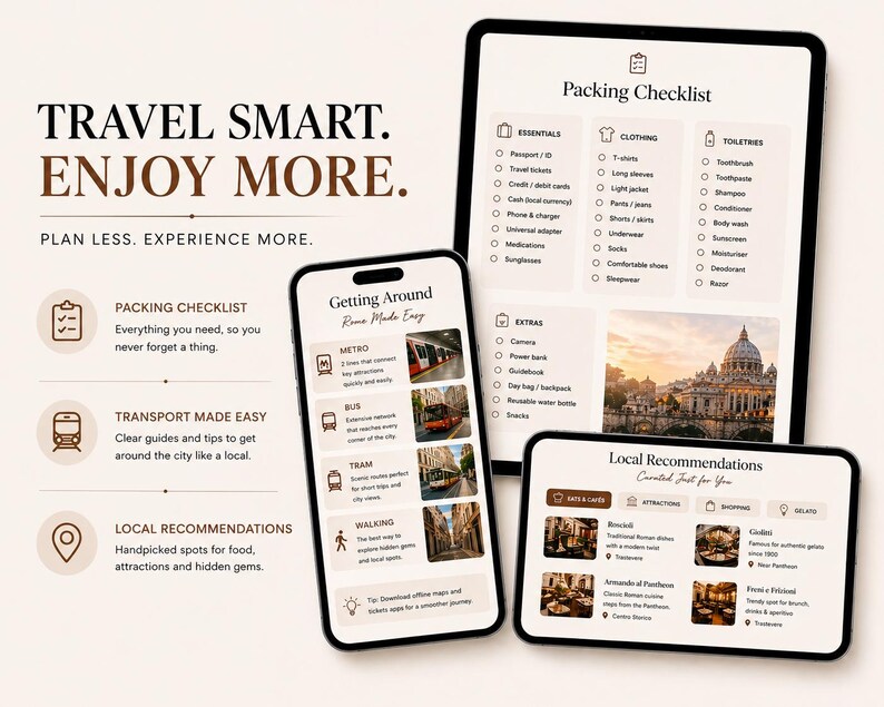 May include: A digital travel guide displayed on a tablet and two smartphones. The screens show a packing checklist, city transport information, and local recommendations. The text reads "Travel Smart. Enjoy More."