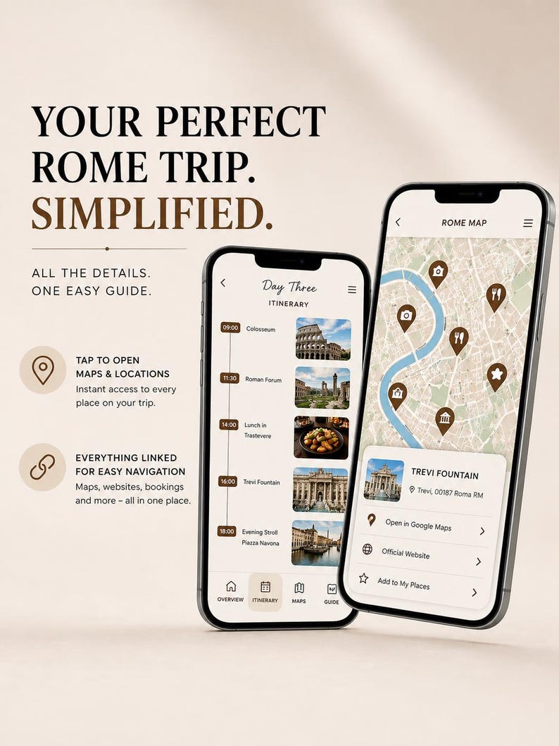 May include: Two smartphones displaying a Rome travel guide. One screen shows a map with location markers, the other a day-by-day itinerary. Text reads "Your Perfect Rome Trip. Simplified."