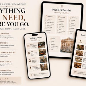May include: A digital travel guide with a smartphone, tablet, and another tablet. The screens display a packing checklist, local recommendations, and transport information. The text reads "Everything You Need Before You Go."