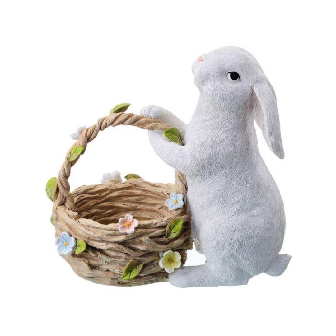 White Easter Bunny Holding Basket With Spring Flowers | Resin 9 Inch ...