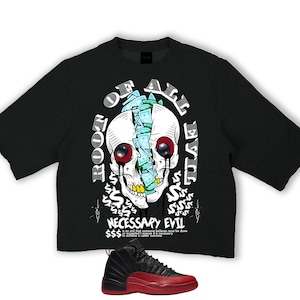 Puede incluir: Camiseta negra con un dise&ntilde;o de calavera. La calavera tiene ojos rojos, una cabeza agrietada llena de dinero y las palabras "OF ALL EVIL NECESSARY". Un par de zapatillas negras y rojas en la parte inferior.