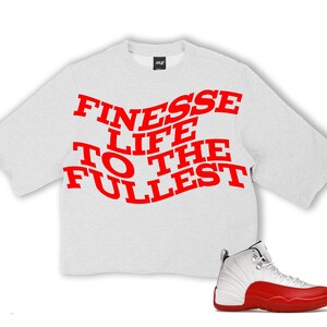 Puede incluir: Una sudadera gris claro con el texto rojo "FINESSE LIFE TO THE FULLEST". Una zapatilla de baloncesto blanca y roja est&aacute; al lado de la sudadera. La zapatilla tiene suela roja y parte superior blanca.