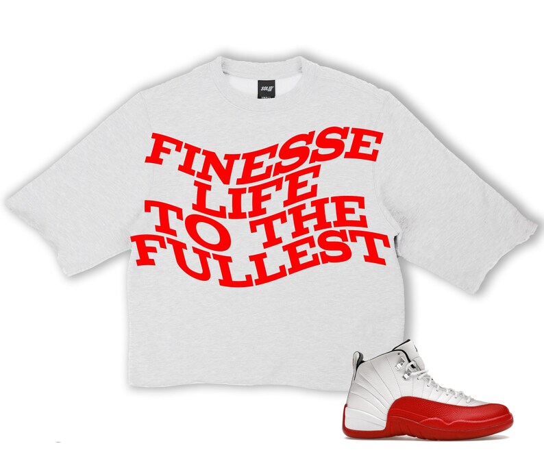Puede incluir: Una sudadera gris claro con el texto rojo "FINESSE LIFE TO THE FULLEST". Una zapatilla de baloncesto blanca y roja est&aacute; al lado de la sudadera. La zapatilla tiene suela roja y parte superior blanca.