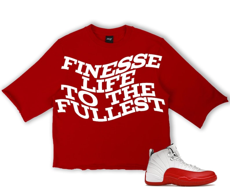 Puede incluir: Una camiseta roja de manga corta con el texto "FINESSE LIFE TO THE FULLEST" en blanco. Una zapatilla deportiva blanca y roja est&aacute; colocada a la derecha de la camiseta. La zapatilla tiene suela roja y parte superior blanca.