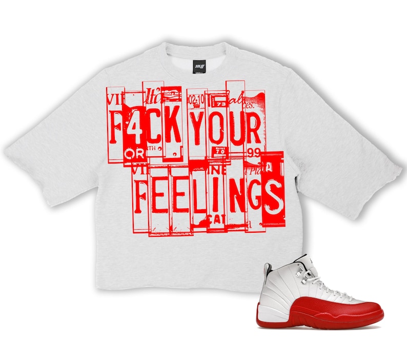 Puede incluir: Una sudadera gris claro de gran tama&ntilde;o con las palabras "F4CK YOUR FEELINGS" en letras rojas. Una zapatilla de baloncesto blanca y roja est&aacute; en la esquina inferior derecha.