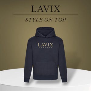 May include: Navy blue hoodie with the gold text "LAVIX COUTURE" on the front. The hoodie has a front pocket and a hood. The words "LAVIX" and "STYLE ON TOP" are above the hoodie.
