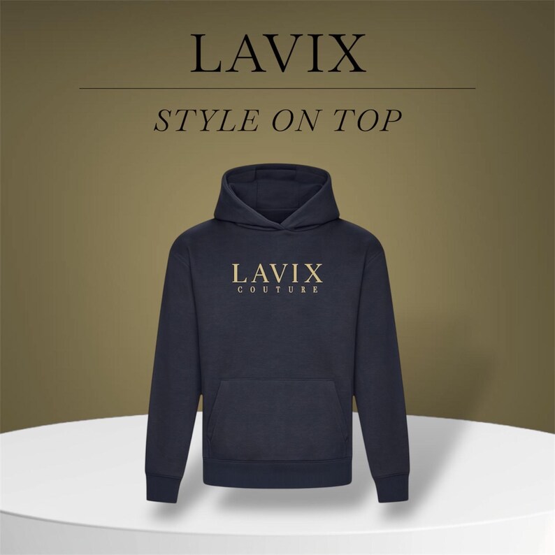 May include: Navy blue hoodie with the gold text "LAVIX COUTURE" on the front. The hoodie has a front pocket and a hood. The words "LAVIX" and "STYLE ON TOP" are above the hoodie.