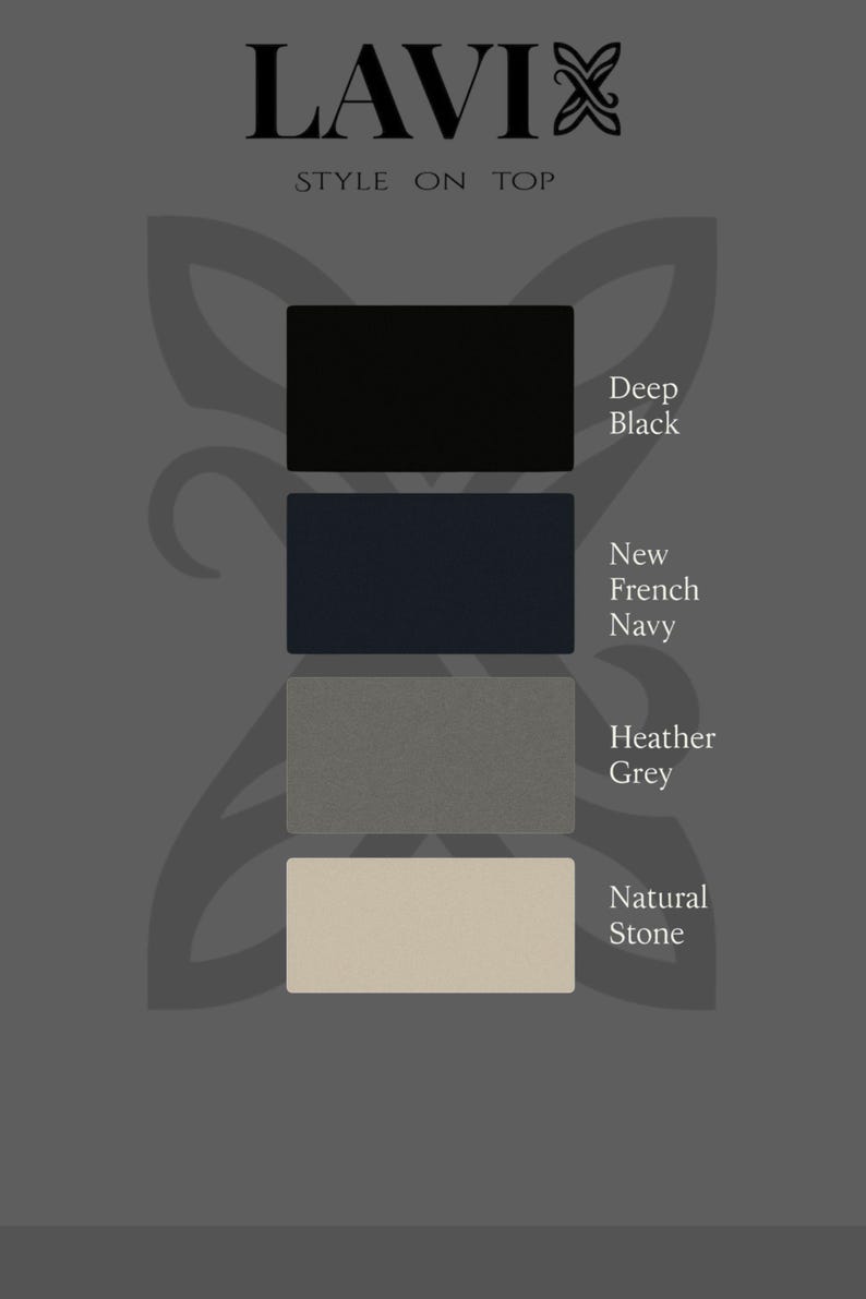 May include: Image features a color palette with four rectangular swatches: Deep Black, New French Navy, Heather Grey, and Natural Stone. The brand name "LAVIX" and the tagline "STYLE ON TOP" are displayed at the top.