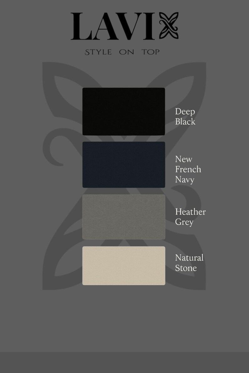 May include: Image featuring the "LAVIX" logo and the phrase "STYLE ON TOP." Below the logo are four color swatches: Deep Black, New French Navy, Heather Grey, and Natural Stone. The background is a dark gray with a decorative design.