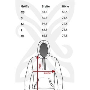May include: White hoodie illustration with size chart. The chart shows measurements for XS to XL sizes, including Breite (width) and H&ouml;he (height) in centimeters. The brand name "LAVIX" is at the top, with "STYLE ON TOP" below it.