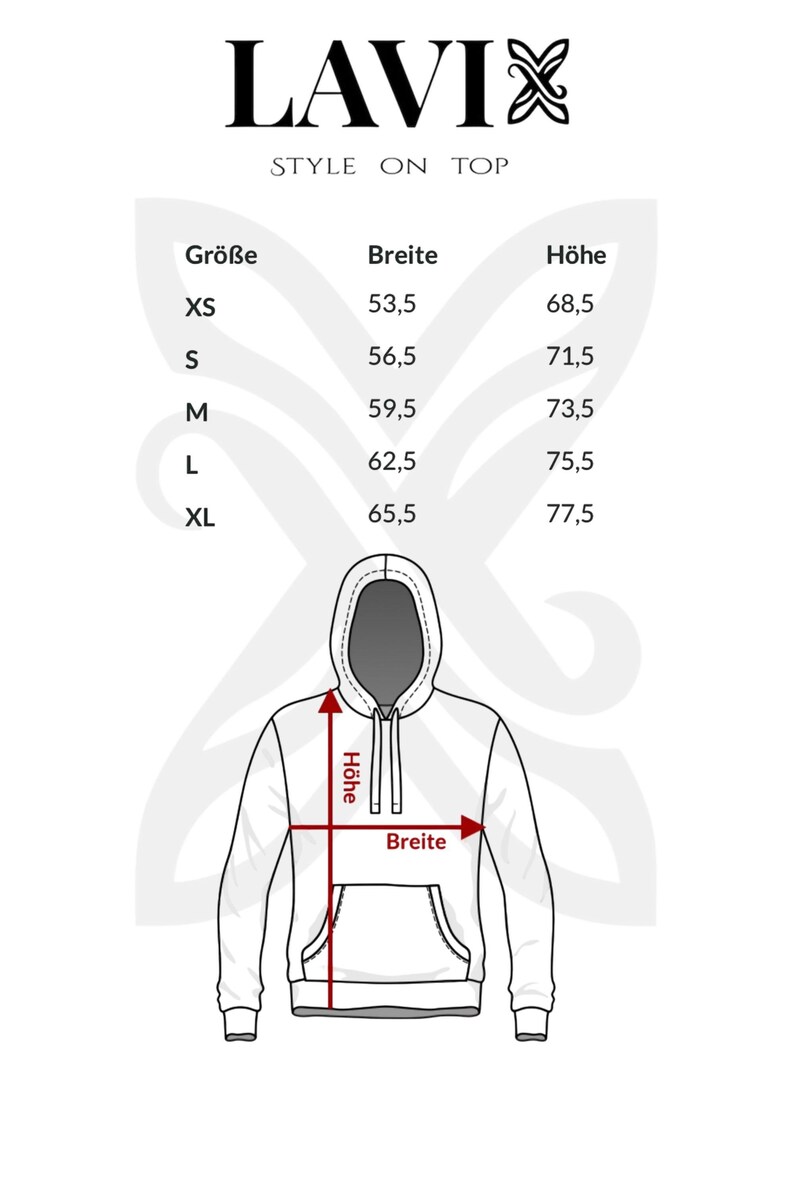 May include: White hoodie illustration with size chart. The chart shows measurements for XS to XL sizes, including Breite (width) and H&ouml;he (height) in centimeters. The brand name "LAVIX" is at the top, with "STYLE ON TOP" below it.