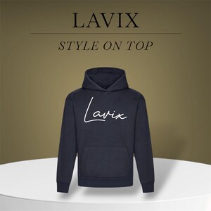 May include: A navy blue hoodie with a front pocket and a hood. The word "Lavix" is written in white cursive script across the chest. Above the hoodie, the text "LAVIX" and "STYLE ON TOP" are displayed.