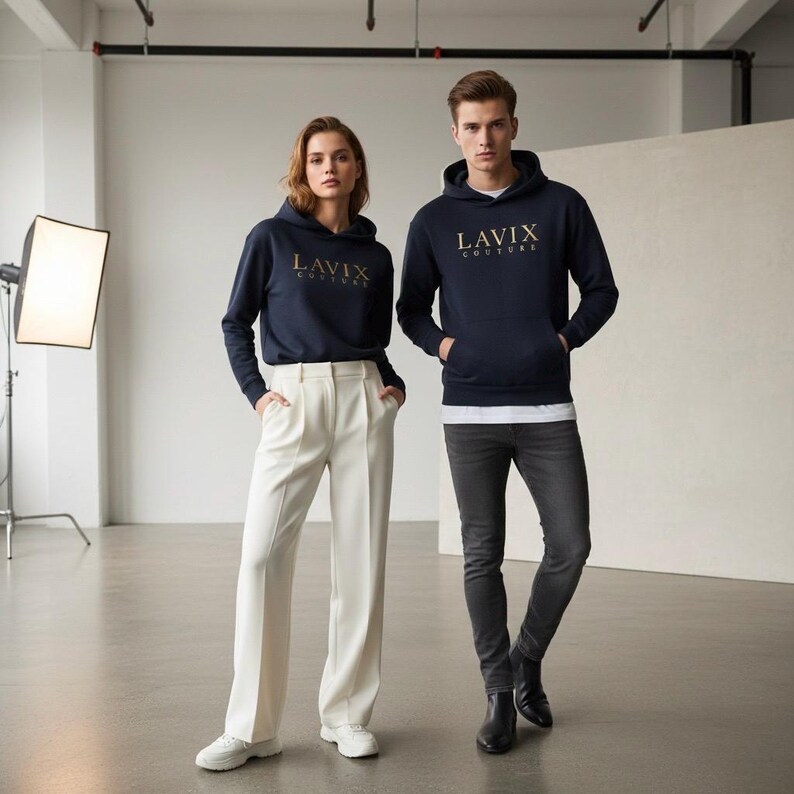 May include: Two people wearing navy blue hoodies with the gold text "LAVIX COUTURE". The person on the left is wearing white pants and sneakers. The person on the right is wearing dark gray jeans and black boots. The background is a white studio.