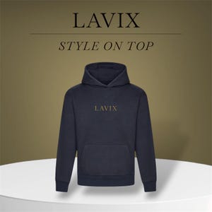 May include: A navy blue hoodie with a front pocket and a hood. The word "LAVIX" is printed in gold on the chest. Above the hoodie, the text reads "LAVIX" and "STYLE ON TOP". The hoodie is displayed on a white surface.