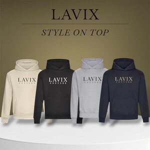 May include: Four hooded sweatshirts in cream, black, gray, and navy blue. Each sweatshirt has a front pocket and the word "LAVIX" printed on the chest. The phrase "STYLE ON TOP" is above the sweatshirts.