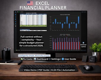 May include: A computer monitor displaying an Excel financial planner with charts and data tables. The screen shows the text "EXCEL FINANCIAL PLANNER" and "Income vs. Costs 2026". The text "Full control without complexity" is also visible. A keyboard, mouse, and desk accessories are in the foreground.
