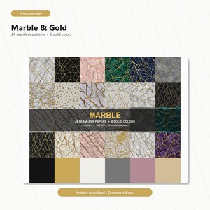 Könnte beinhalten: Eine digitale Sammlung von 30 Dateien mit Marble & Gold Mustern und Volltonfarben. Das Set enthält 24 nahtlose Papiere und 6 Volltonfarben, jeweils 30,48x30,48 cm bei 300 DPI. Die Anzeige zeigt verschiedene Marmorstrukturen mit Goldadern.