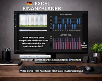 Planificador financiero estándar de Excel 2026 | Plantilla de presupuesto familiar | Seguimiento de ingresos y gastos | Modo oscuro